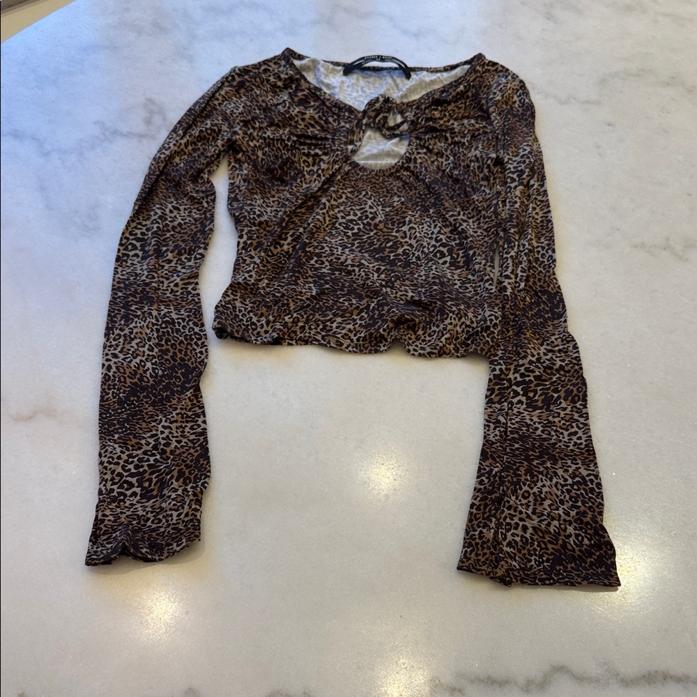 Silence + Noise Brown Leopard Print Crop Top with keyhole tie neck line